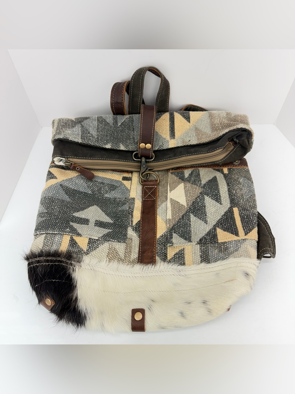 Myra Bag Western Boho Southwestern Geometric Cowhide Fur Roadies Backpack Purse